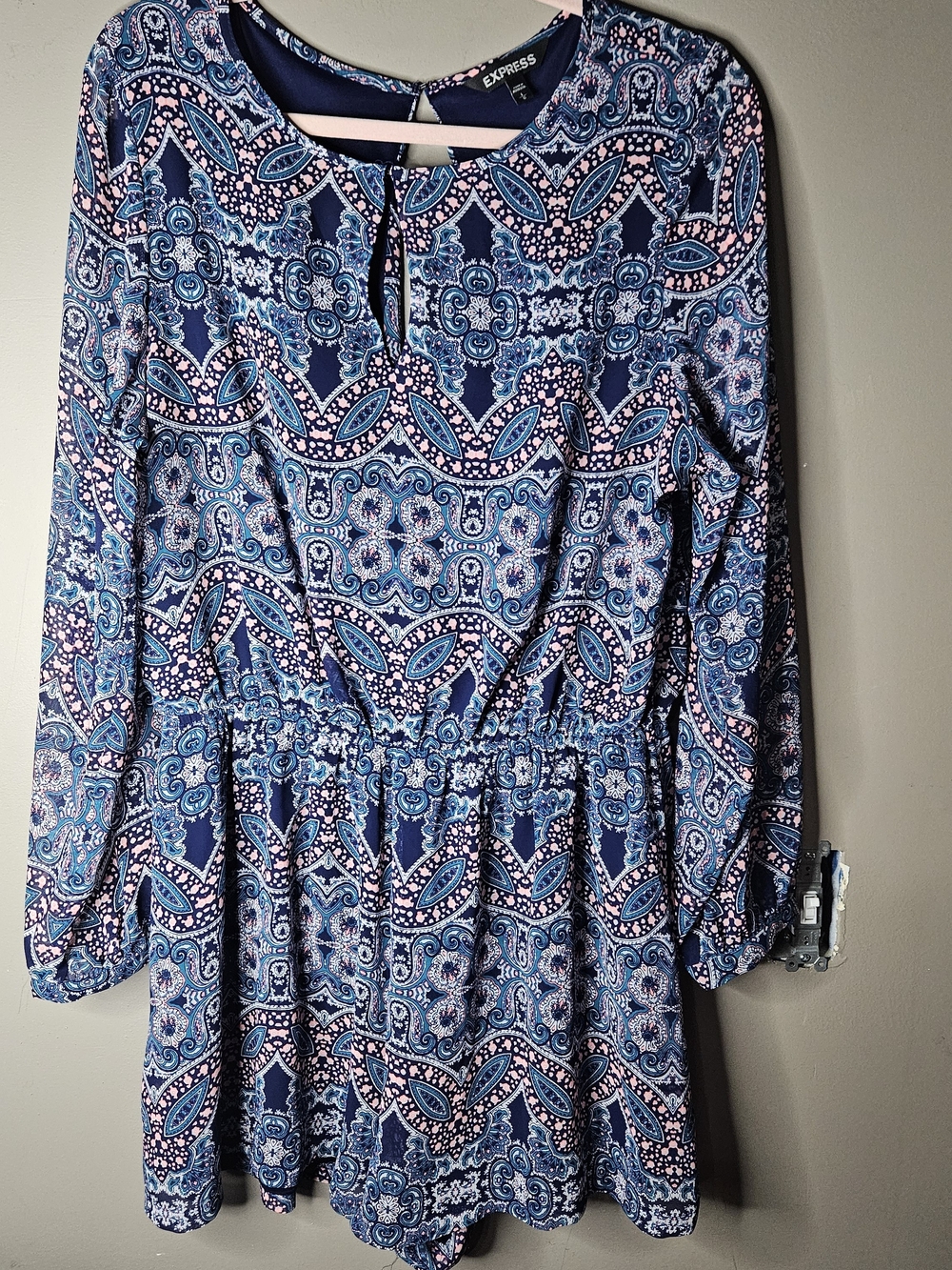 Express Navy & Pink Printed Long-Sleeve Dress Size L Ptp 22" Length 34"